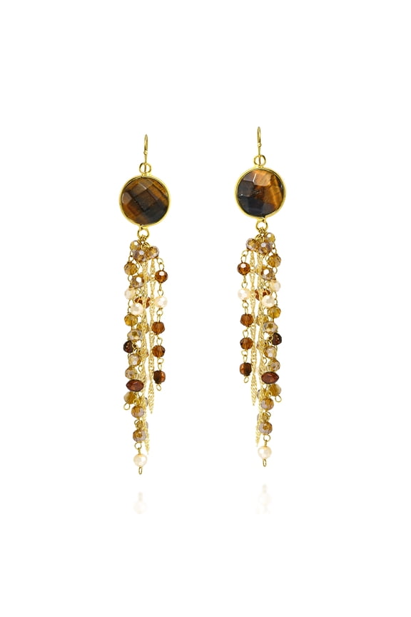 Enchanted Brown Tigers Eye Stone and Crystal Chain Tassel Dangle Earrings