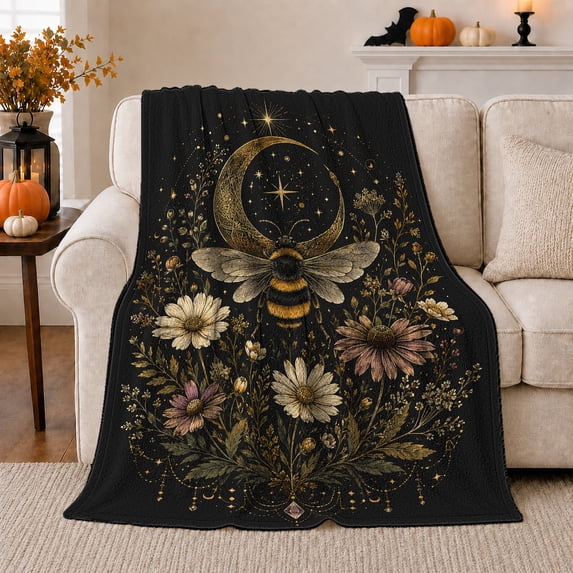 Enchanted Bumblebee Crescent Moon Wildflower decorative motif, Warm Flannel Blanket for Living Room and Bedroom, Mystical Celestial Art Scene, Celestial Art Lovers Housewarming Gift