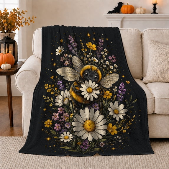 Enchanted Bumblebee Daisy Garden, Cozy Botanical Garden Scene, Warm Flannel Blanket for Sunroom and Reading Nook, Garden Lovers Thanksgiving Gift, Playful Home Decor