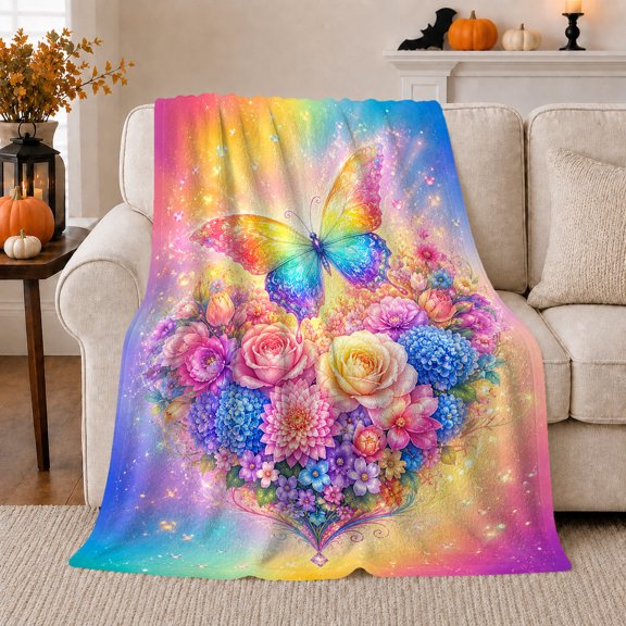 Enchanted Butterfly Rainbow Floral, Festive Holiday Scene, Warm Flannel Blanket for Living Room and Reading Nook, Art Lovers Friendship Gift, Festive Home Decor