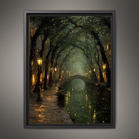 Enchanted Canal Wall Art, Firefly Night Painting, Romantic Street Lamps, Moody Forest Tunnel Print Poster, Poster Only