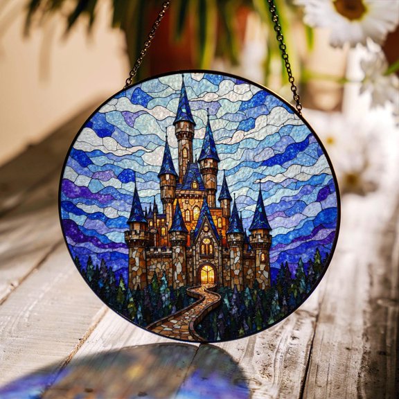 Enchanted Castle Art Glass Suncatcher, Fantasy Window Decor, Dreamer, 7.9 in