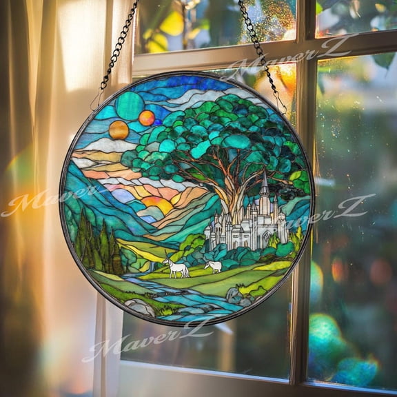 Enchanted Castle Glass Suncatcher, Fantasy Tree Window Art, Unicorn Landscape Fairytale, 3.5 in