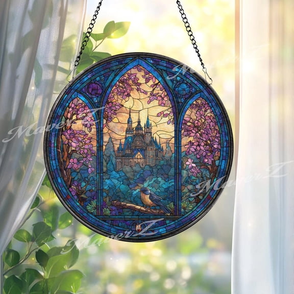 Enchanted Castle Glass Suncatcher, Round Gothic Window Panel, Fantasy Fairytale, 3.5 in