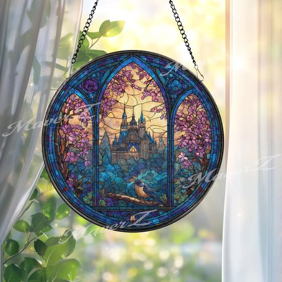 Enchanted Castle Glass Suncatcher, Round Gothic Window Panel, Fantasy Fairytale, 6.3 in