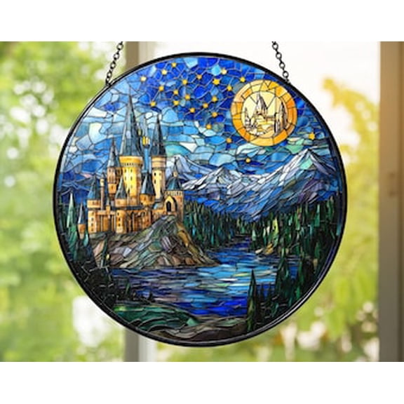 Enchanted Castle Glass Suncatcher, Wizard School Window Hanging, Magical Fantasy Gift for Book Lovers, Handmade Glass Art Decor, 3.5 in