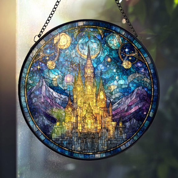 Enchanted Castle Night Glass Suncatcher, Magical Fantasy Moonlit Window Hanging Decor, 3.5 in