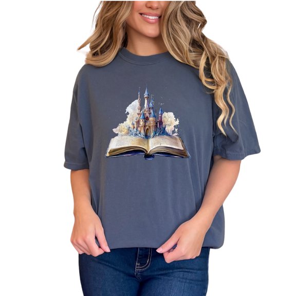 Enchanted Castle Open Book Print T-Shirt, Fairy Tale Fantasy Art Tee, Magic Storybook Shirt, Literary Dream Graphic Top, Denim Comfort Colors T-Shirt, XL