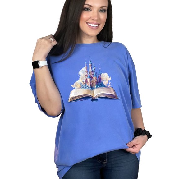 Enchanted Castle Open Book Print T-Shirt, Fairy Tale Fantasy Art Tee, Magic Storybook Shirt, Literary Dream Graphic Top, Flo Blue Comfort Colors T-Shirt, 2XL