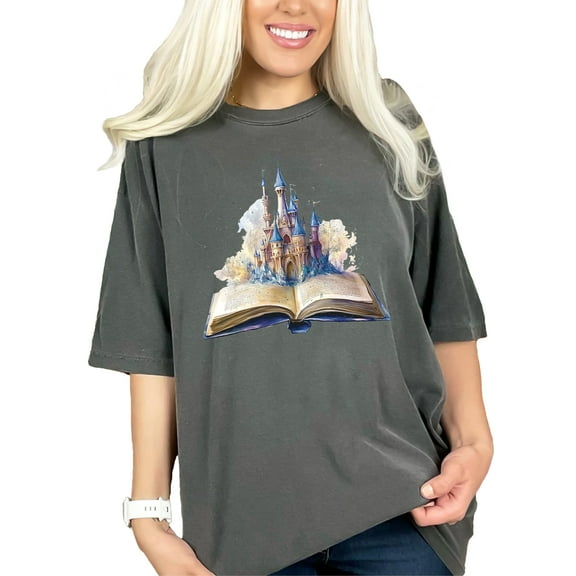 Enchanted Castle Open Book Print T-Shirt, Fairy Tale Fantasy Art Tee, Magic Storybook Shirt, Literary Dream Graphic Top, Pepper Comfort Colors T-Shirt, Small