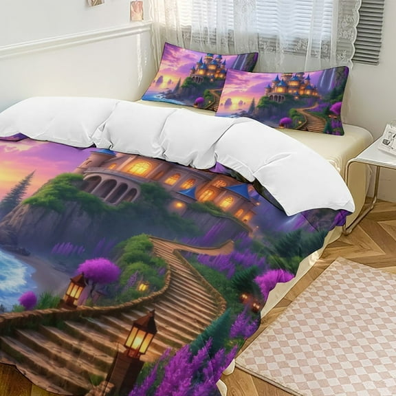 Enchanted Castle by The Sea Duvet Cover Set Themed Multicolor Polyester Bedding Set for Bedroom Decoration