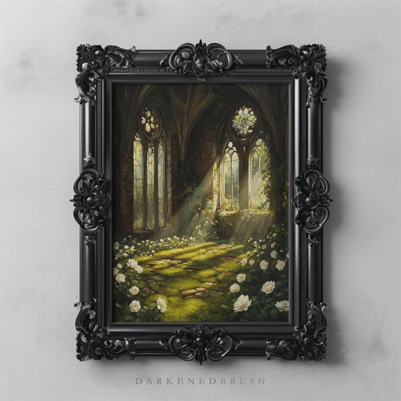 Enchanted Chapel Garden Sunlit Ruins Gothic Arched Windows And White Roses Mystical Wall Art, Botanical Bedroom And Living Room Decor