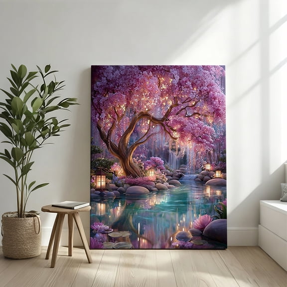 Enchanted Cherry Blossom Garden Canvas Wall Art Mystical Pink Tree Painting Magical Stream and Lotus Pond Poster Fantasy Landscape Lanterns Prints Living Room Bedroom Office Canvas Prints Ready to Ha