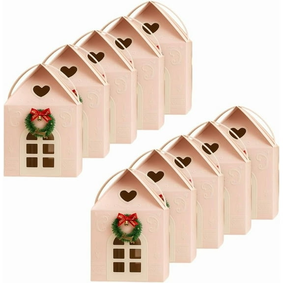 Enchanted Christmas Cottage Gift Box House Shaped Gift Boxes a Wreath on The Door Mansion, Christmas Decorations Indoor Paper Treat Boxes for Holiday Party Favors,10PCS,Pink