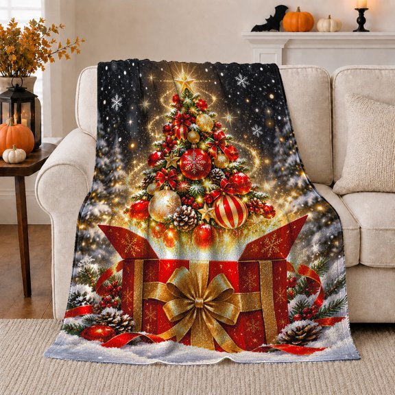 Enchanted Christmas Tree Box Falling Snow Holiday Celebration, Festive Holiday Scene, Warm Flannel Blanket for Living Room and Reading Nook, Art Lovers Christmas Gift, Festive Home Decor
