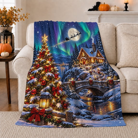 Enchanted Christmas Village Landscape Santa Claus Flying Over, Festive Holiday Scene, Warm Flannel Blanket for Living Room and Reading Nook, Art Lovers Christmas Gift, Festive Home Decor