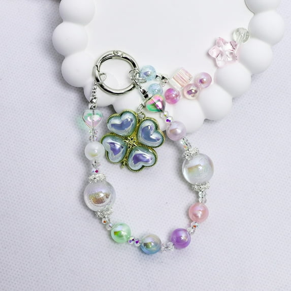 Enchanted Clover Keychain, Double-Layer Iridescent Beads with Lucky Clover Charm, Handcrafted