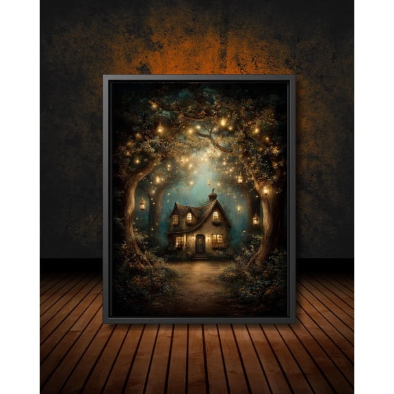 Enchanted Cottage In The Forest Art Magical Whimsical Woodland House With Lanterns & Fireflies, Fantasy Fairy Tale Wall Decor Unframed Paper Print