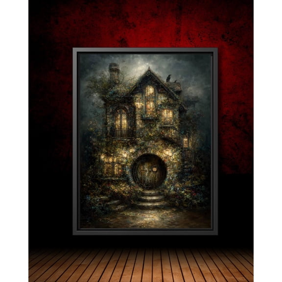 Enchanted Cottage With Round Door Art Poster Fairy Tale Gothic Fantasy House In The Woods Wallart Dark Academia Wall Decor, Unframed Poster Size 8x12