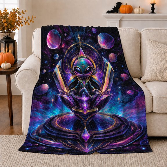 Enchanted Crystal Alien Seated Glowing Throne Starry Galaxy, Festive Holiday Scene, Warm Flannel Blanket for Living Room and Family Room, Art Lovers Christmas Gift, Festive Home Decor