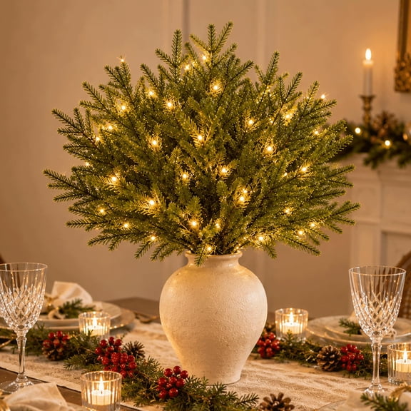 Enchanted Evergreen Pine with Lights, 16.1 Inch Artificial Pine Branches with Warm White LED Fairy Lights – Christmas Vase Filler Stems for Table Centerpiece & Holiday Decor