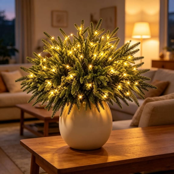 Enchanted Evergreen Pine with Lights, Enchanted Evergreen pine tree Branch Lighted, Fairy Light Pine Tree Branch, Twinkling PineBranches, Artificial LED Branches Christmas(B-10Pcs)