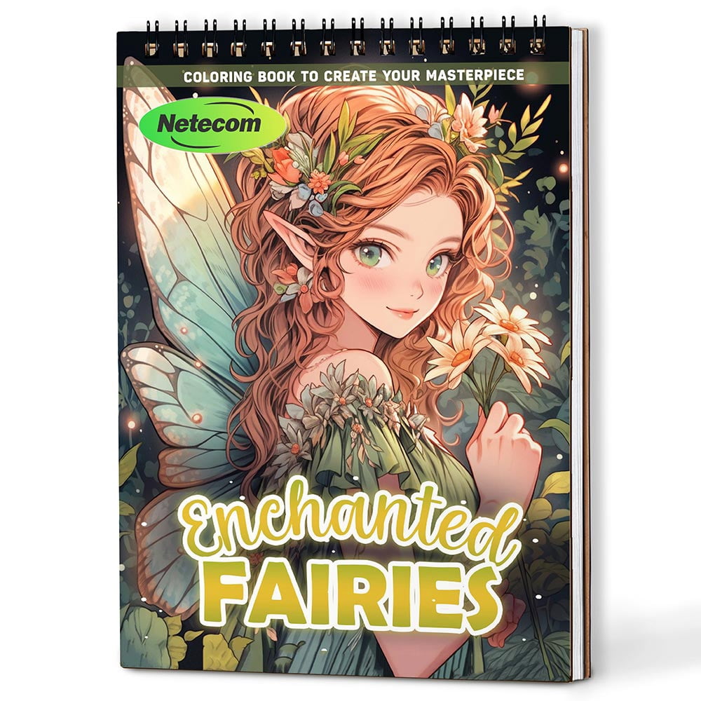 Enchanted Fairies Coloring Book Spiral Bound For Adults, A5 Wooden Cover, 30 Dreamy Coloring Pages of Fairies and Magical Landscapes for Stress Relief and Relaxation