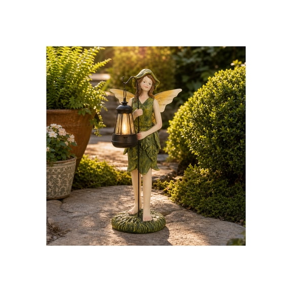 Enchanted Fairy Design Garden Decor for Front Porch Design - Resin Outdoor Figurine Sculpture for Patio and Garden Art Display - Whimsical Accent for Lawn & Yard Styling - 12", Green & Yellow