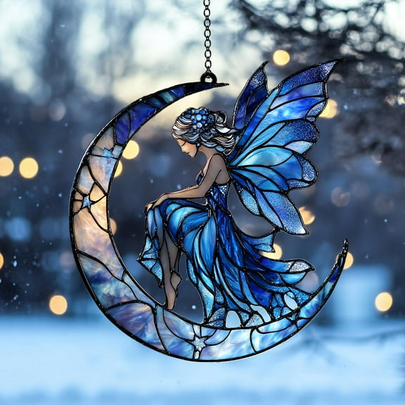 Enchanted Fairy Faux Stained Glass Suncatcher, Fairy Window Hanging Decor, Magical Forest Fairies Ornament, Fantasy Gift for Fairy Lovers
