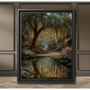 Enchanted Fairy Forest Art , Mystical Woodland Stream Illustration, Vintage Willowtree Wall Art, Fantasy Firefly Unframed Paper Print