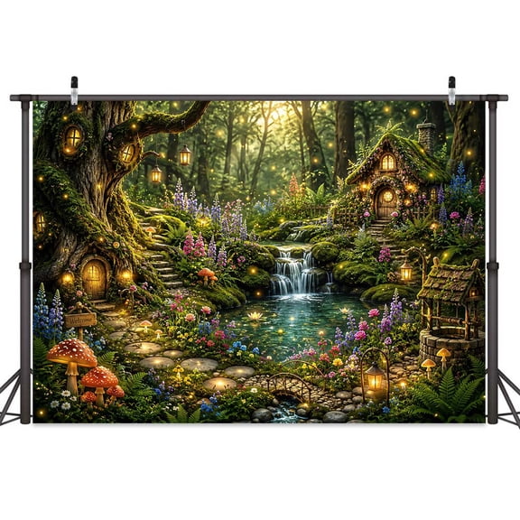 Enchanted Fairy Forest Backdrop, Tree House Mushroom Waterfall Background 5x3ft Magical Woodland Dreamy Fantasy Moss Cottage with Glowing Lanterns Wildflowers Firefly Lights Photo Booth Prop