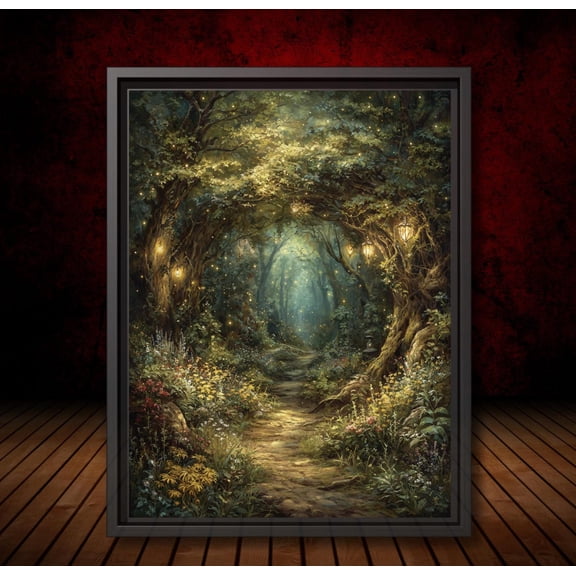 Enchanted Fairy Forest Path Wall Art Poster Magical Woodland Lantern Trail, Glowing Fireflies Fantasy Poster, Whimsical Dark Nature Decor, Unframed Poster Size 16x24