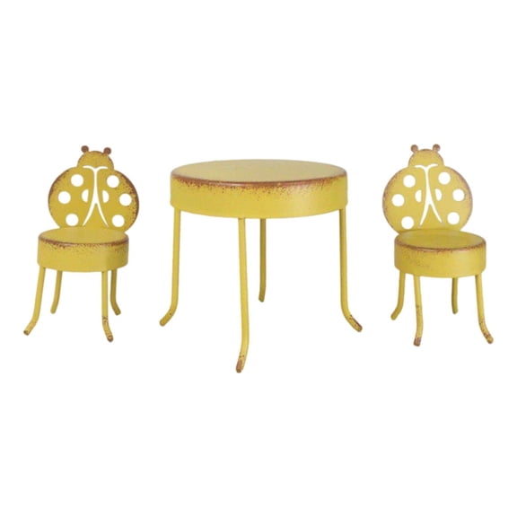 Enchanted Fairy Garden Miniature Metal Yellow Ladybug Table And 2 Chairs Set