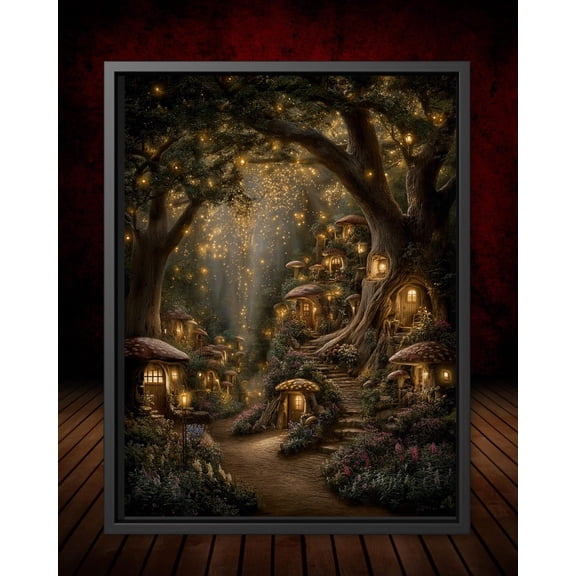 Enchanted Fairy Houses Fantasy Poster, Magical Fairies Hidden Doors In The Woods Artwork Fireflies And Golden Lights Fae Room Decor, Unframed Poster Size 8x12