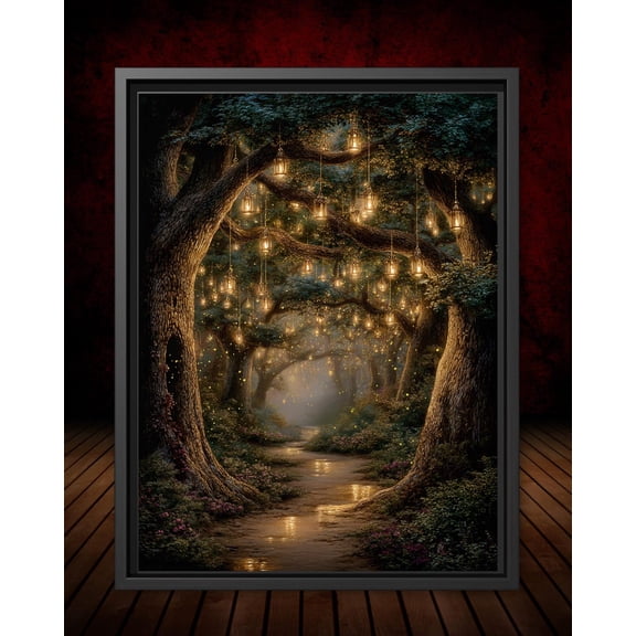 Enchanted Fairy Lanterns Hanging From The Trees , Glowing Forest Path, Magical Woodland Trail, Magic Fireflies Fantasy Decor Unframed Paper Print