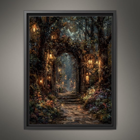 Enchanted Fairy Portal Forest Print, Mystical Lanterns Woodland Painting, Vintage Fantasy Firefly Wall Art Poster, Poster Only
