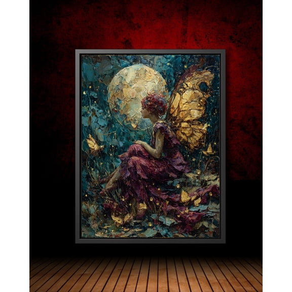 Enchanted Fairy In A Red Dress Art Poster Mystical Moon In The Woodland Wall Decor Butterfly Golden Wings Fantasy Goddess Artwork, Unframed Poster Size 12x18
