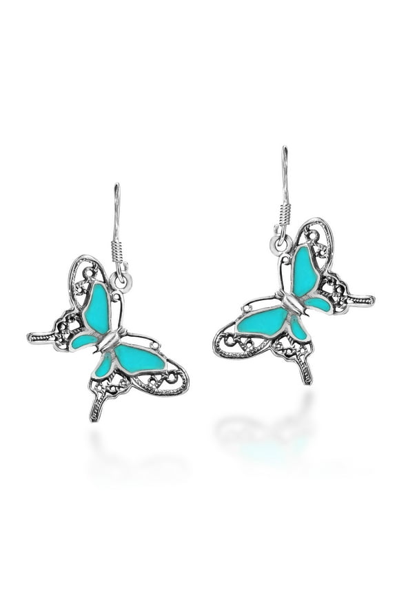 Enchanted Filigree Butterfly Green Turquoise Sterling Silver Dangle Earrings