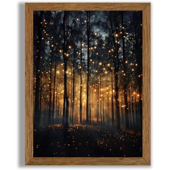 Enchanted Firefly Forest Wall Art Print, Dark Twilight Landscape Decor