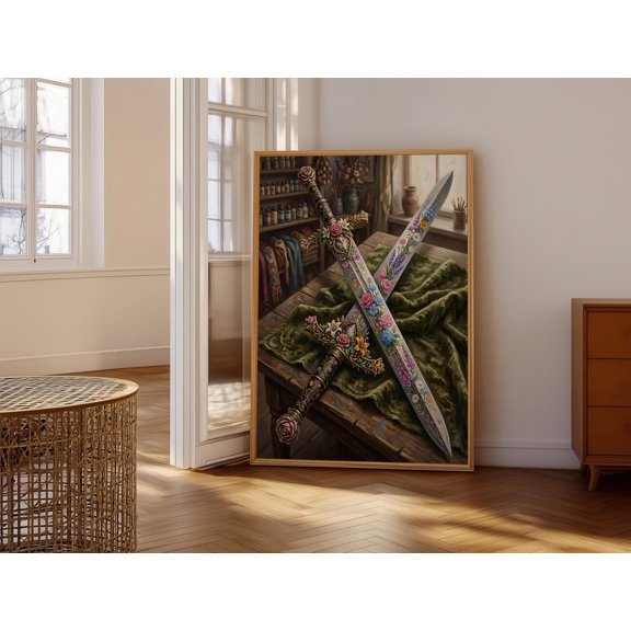 Enchanted Floral Swords Wall Art Intricate Blade Design Botanical Patterns Vibrant Colors Perfect Decor for Fantasy Lovers