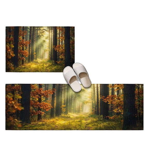Enchanted Forest 2 Pieces Non-Slip Kitchen Mat Set, Fall Nature Sunlight Sunbeams Path Soft Door Mat with Rubber Backing, Dirtproof Rugs for Entrance Doorway, 20x24in+20x48in