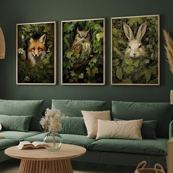 Enchanted Forest 3pcs Canvas Art Set - Vibrant Retro Woodland Animal Posters for Bedroom, Living Room & Hallway Decor - Perfect Winter Gift for Nature Enthusiasts