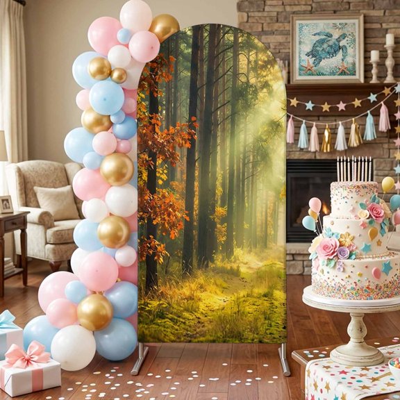 Enchanted Forest Arch Backdrop Covers 4 FT, Fall Nature Sunlight Sunbeams Path Stretchy Fitted Arched Stand Covers Party Arch Stand Cover Photo Booth for Wedding Birthday Decor