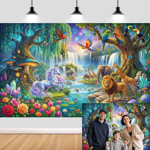 Enchanted Forest Backdrop 10x8ft, Magical Unicorn Jungle Animal Rainforest Photography Background, Tropical Adventure Mushroom Butterfly Waterfall Fairy Tale Wild Party Photo Booth Prop