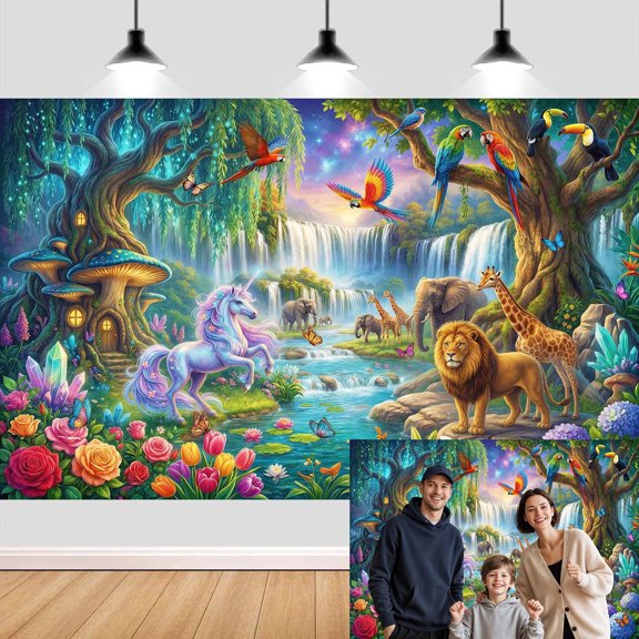 Enchanted Forest Backdrop 8x6ft, Magical Unicorn Jungle Animal Rainforest Photography Background, Tropical Adventure Mushroom Butterfly Waterfall Fairy Tale Wild Party Photo Booth Prop