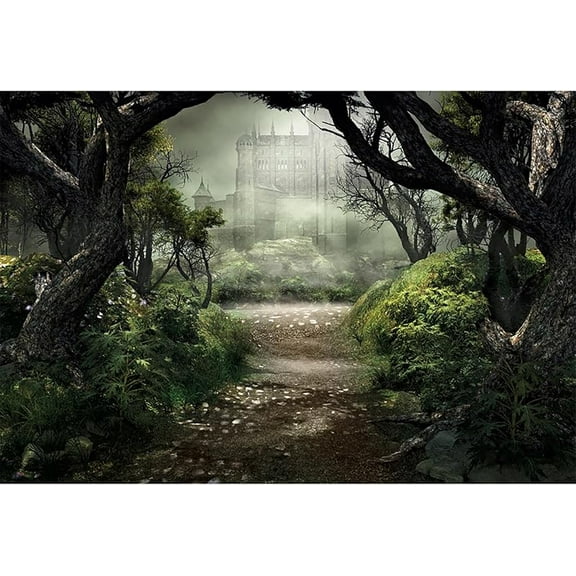 Enchanted Forest Backdrop Fabric Green Medieval Smoky Jungle Forest Wonderland Fairy Tale Adventure Photography Background for Kids Fairytale Theme Party Decorations Photo Prop