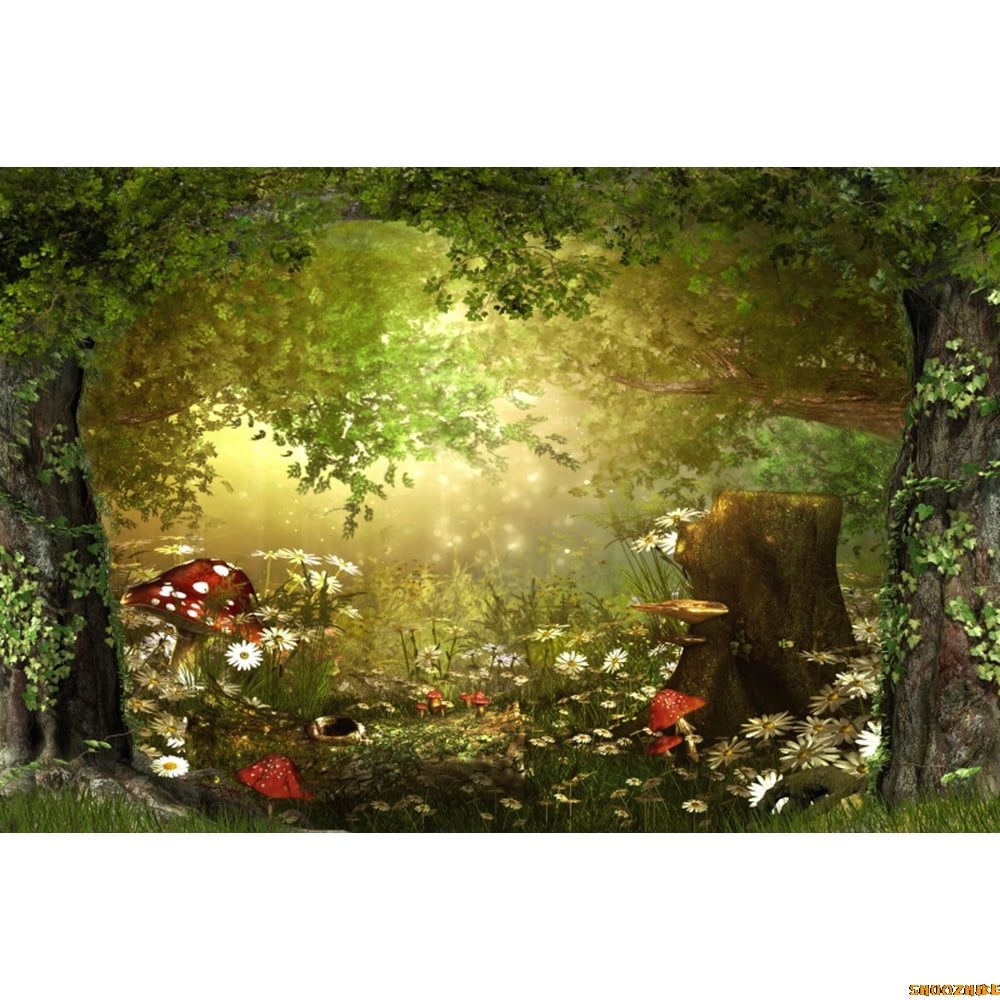Renaiss 10x6.5ft Wonderland Forest Backdrop Fairy Tale Forest Mushroom Trees Plants Photography Background Baby Shower Kids Girls Birthday Party