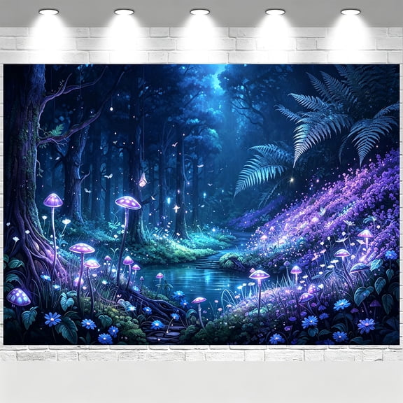 Enchanted Forest Backdrop Night Glowing Mushroom River Banner Purple Fairy Tale Enchanted Forest Theme Decorations Background