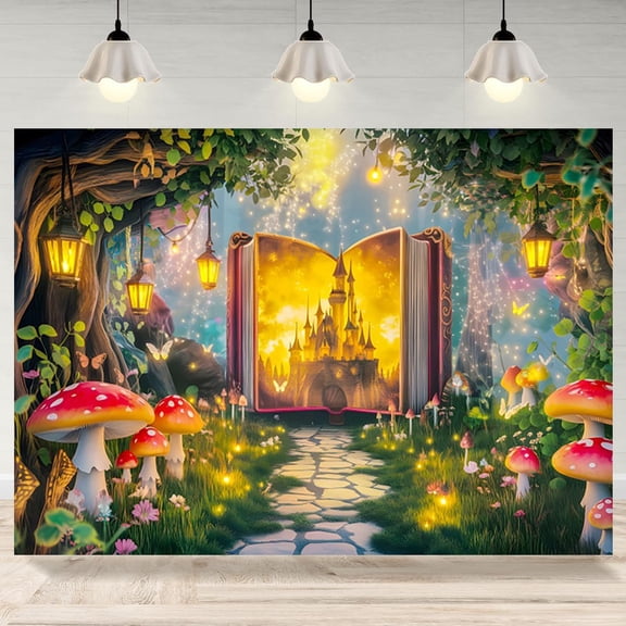 Enchanted Forest Backdrop Spring Garden Wonderland Glitter Photography Background Fairy Tale Book Castle Mushroom Birthday Party Decorations Banner Photo Booth Props