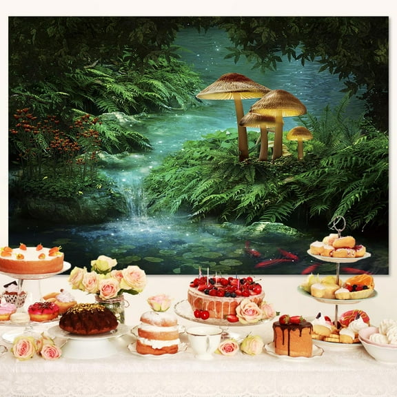 Enchanted Forest Backdrop Wonderland Jungle Fairy Tale River Mushroom Fantasy Magical Garden Natural Scenery Party Decorations Banner Backdrops for Photography Banner Background, 10X8
